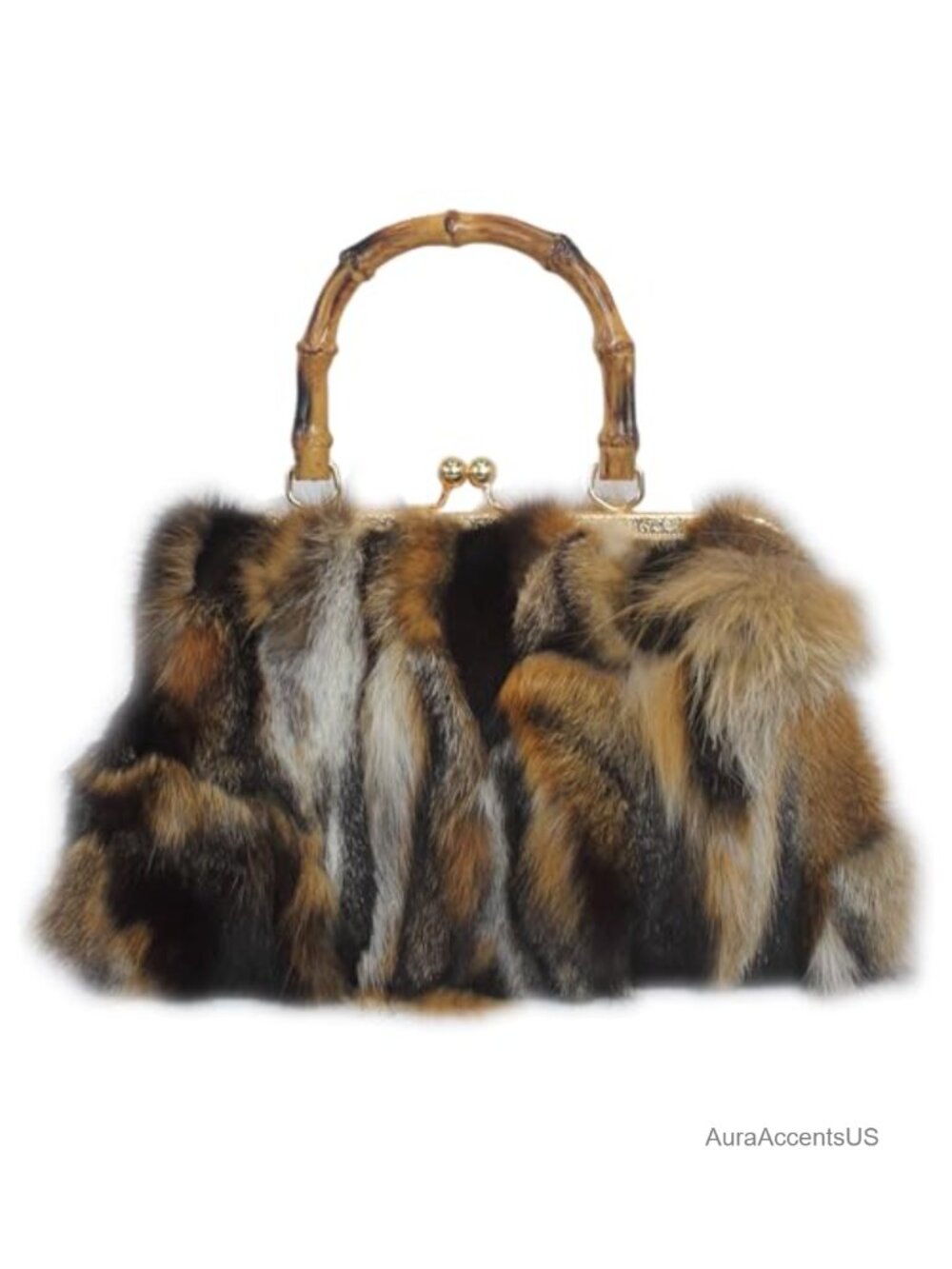 Real Fox Fur Handbag Kisslock Purse Bamboo Handle Leather Sides